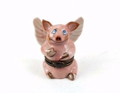 Signed Peint Main (Hand Painted) Limoges Pink Pig with Wings Trinket Box