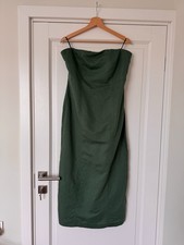 ZARA forest green linen medium lenght dress strapless size L straight dress