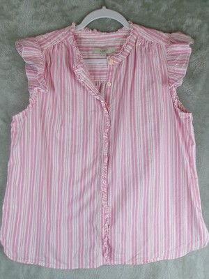LOFT Pink White Striped Ruffle Flutter Sleeve Blouse Top Women s Large Cotton L