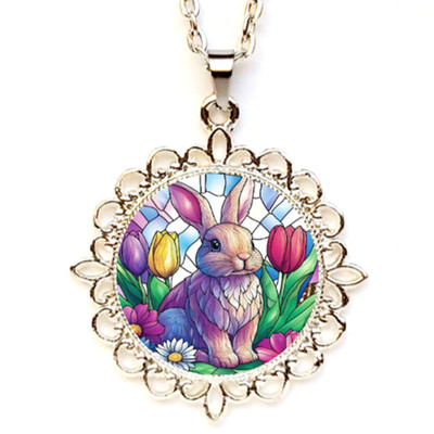 Easter Bunny With Flowers Bezel Pendant/Necklace Silver Gold Rose Gold Tone USA