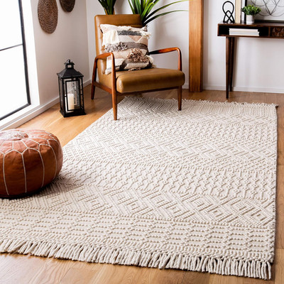 Handmade Moroccan Boho Area Rug - 8' Square Ivory Wool for High Traffic Areas