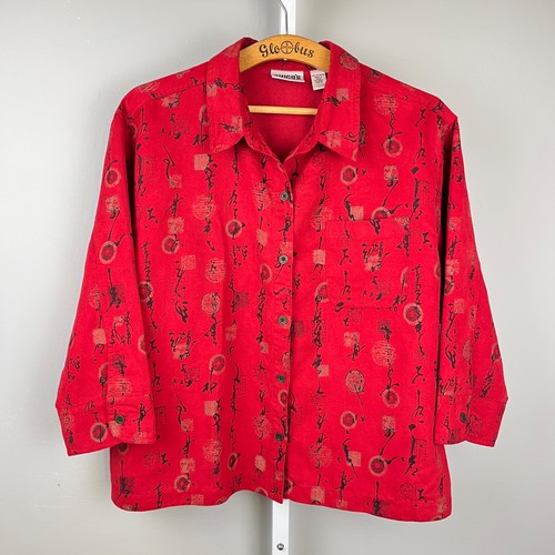 Vintage Chico's Design Artsy Shirt Size 2 Womens L/12 Red Asian Inspired Print - Picture 2 of 7