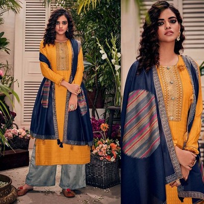 DRK YELO PRINTED WOOL w EMB INDIAN READYMADE LADIES SALWAR KAMEEZ SHAWL SUIT SNJ
