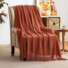 Fall Rust Knitted Throw Blanket for Couch Terracotta Boho Textured Cozy Woven...