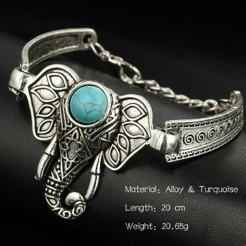 Tibetan Turquoise Elephant Jewellery Pattern Gift Silver Bangle Boho Bracelet - Picture 8 of 12
