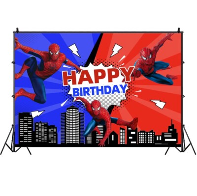 Spider Superhero Happy Birthday Banner - Pre-Strung, 6.5 Ft, Cartoon Design, Red & Blue, For Boys Birthday Party Decor
