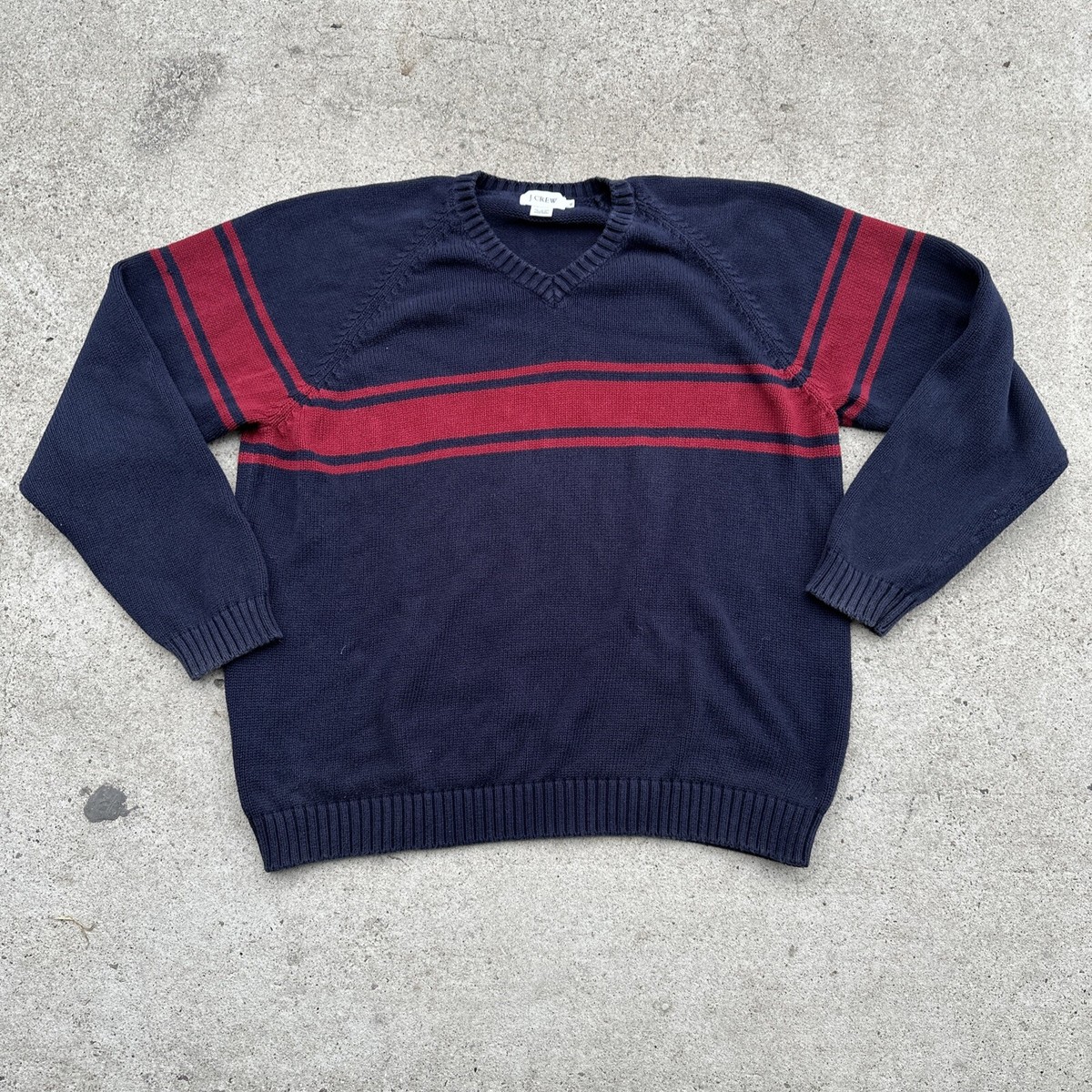 Vintage 90s Mens J Crew Hand Knit Blue Red Chunk Striped Sweater