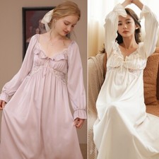 Donna Lungo Sonno Abiti Camicia da Notte Finta Seta Raso Pizzo a Balze Svasato