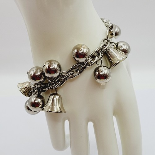Cha Cha baumelnde runde Kugel und Glocke Top Charms klobig silberfarben Vintage Armband - Bild 20 von 24
