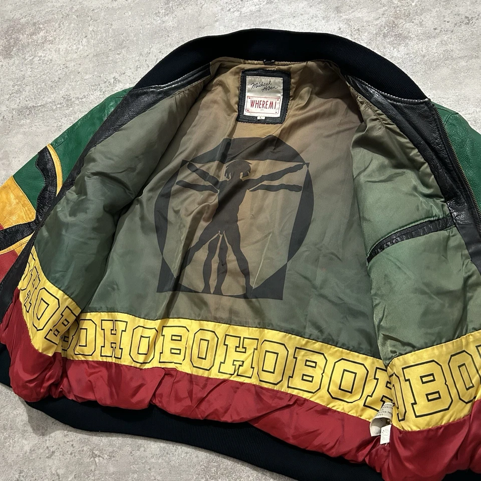 VTG 90s MICHAEL HOBAN RASTA ZION LEATHER BOMBER JACKET SIZE L - Image 3 of 4