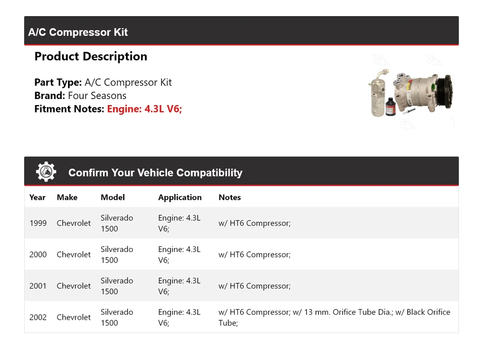 Kit de compresor de aire acondicionado V6 4,3 L 1999-2002 para Chevrolet Silverado 1500 4 estaciones 2000 Foto 2 de 4