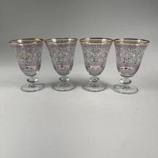 Williams Sonoma 4 PC PEACOCK GOBLETS Decorative Glass Gold Trim Cuba Collect
