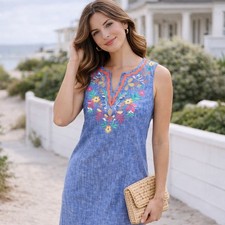 Talbots Petite Embroidered Linen Shift Dress Blue Floral Boho | 14P