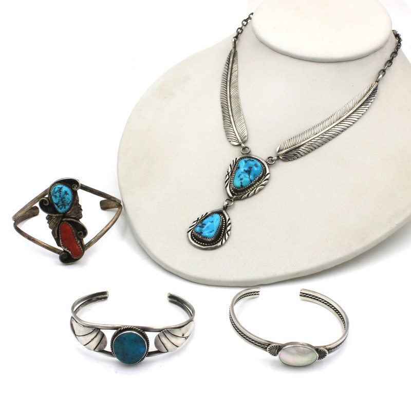 Southwest Sterling Turquoise 5.5IN 21IN Cuff Bracelet Necklace Lot of 4 #S5513-3