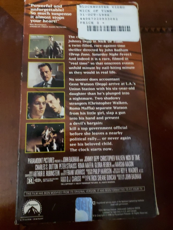 Vintage VHS Tape Nick of Time Johnny Depp Movie Warner Bros - Image 2 of 2