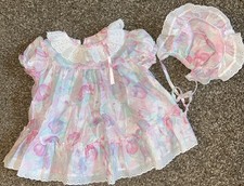 VTG Floral Baby Girl Dress With Bonnet, Lace and Ruffles