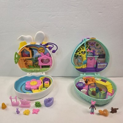 Polly Pocket Flower Garden Bunny & Hedgehog Cat Cafe Compact Playset Lot of 2 
