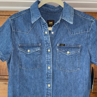 NWT Lee Womens S Western Denim Button Down Dress Blue Pearl Snap Rodeo  Cowboy | eBay