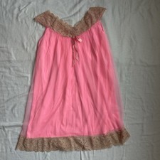 Vintage 100 Nylon Hot Pink Babydoll Nightgown Brown Lace Trim and Sleeves