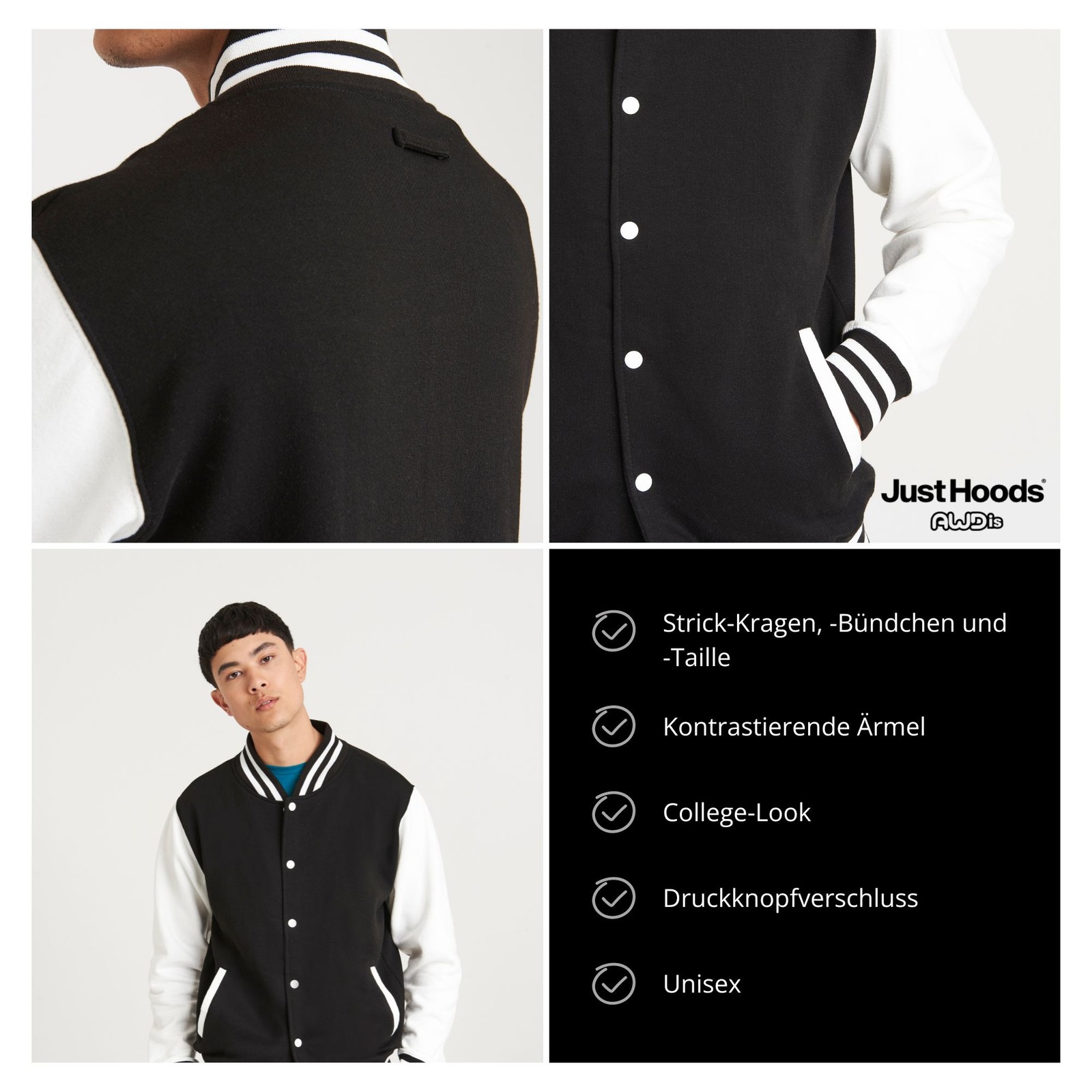 JUST HOODS - Giacca da baseball unisex Varsity College taglie forti fino a 3XL foto 3