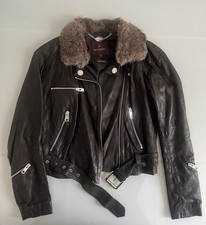 Mulberry Black Leather Biker Jacket Rabbit Fur Collar Made in Italy UK 8 
