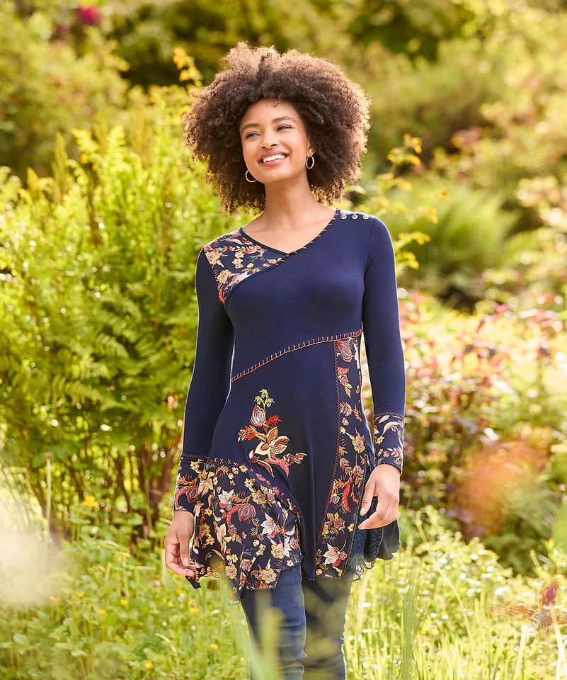 Joe Browns Women's Autumnal Embroidered Printed Panel Jersey Tunic Top, Navy, 6