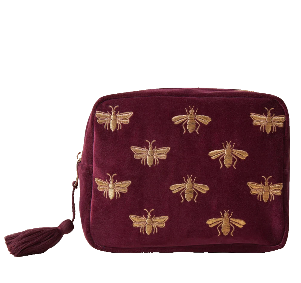 Elizabeth Scarlett Velvet Toiletry Wash Bag + Dust Cover- Plum / Bee NWT