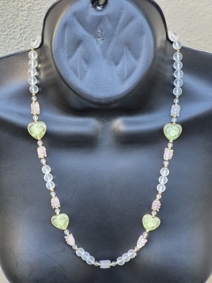 Vintage Lucite Hearts Pink Painted Pastel Japan Beaded Spring Ring Necklace 24''