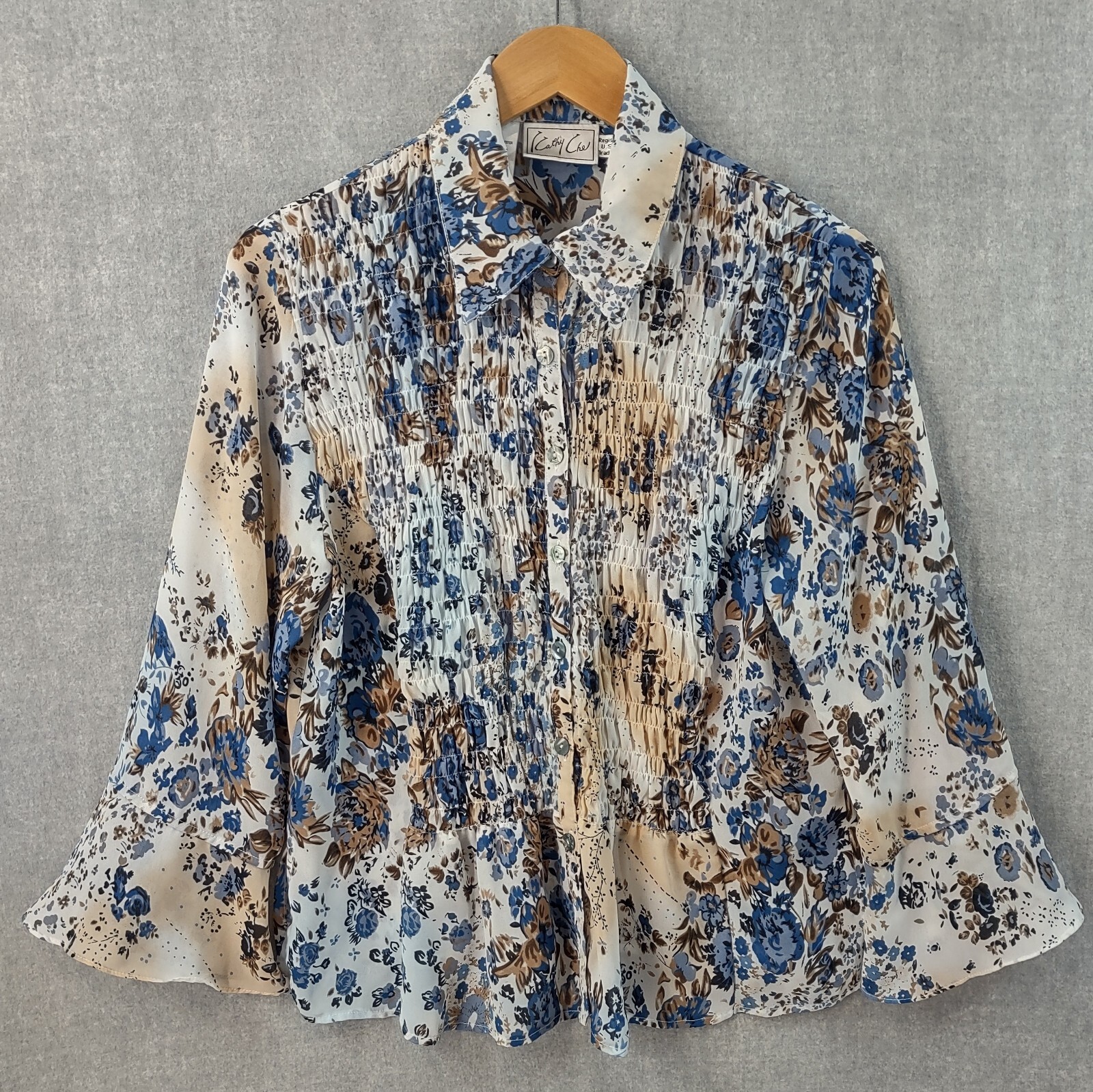 Kathy Che Top Womens 10 Bohemian Shirred Satin Button Up Bell Sleeve Floral