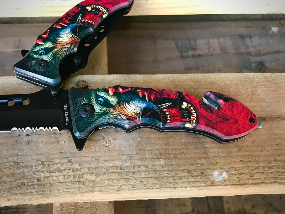 8.5" Wolf big teeth Tactical Spring Assisted EDC Pocket Knife w/Seatbelt Cutter - Image 3 of 4