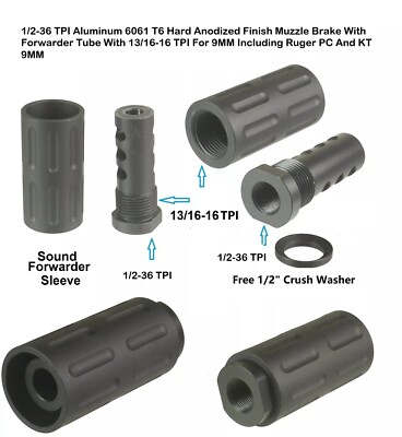Aluminum Muzzle Brake 1/2X36 TPI For 9MM With 13/16X16 TPI Sleeve
