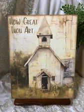 Church Chapel, Primitive Folk Art, How Great Thou Art, Handcrafted Plaque / Sign