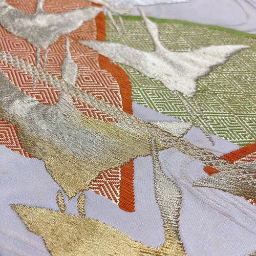 Japanese Kimono, pure silk crane Fukuro OBI , elegance Kinshari antique New - Picture 10 of 15