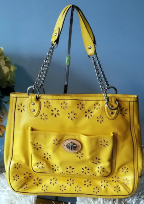 Coach Perforated Yellow Zip Top Shoulder Bag With Turn Lock Detail