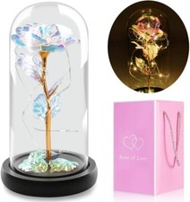 Gifts for Women Colorful Galaxy Flower Rose in Glass Dome with Lamp,Artificial F