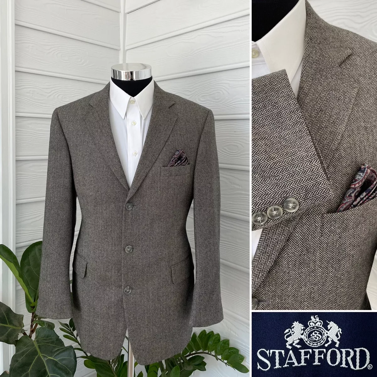 Stafford Mens Buttons Wool Two Button Tweed Gray Blazer Sport Coat Jacket 42R