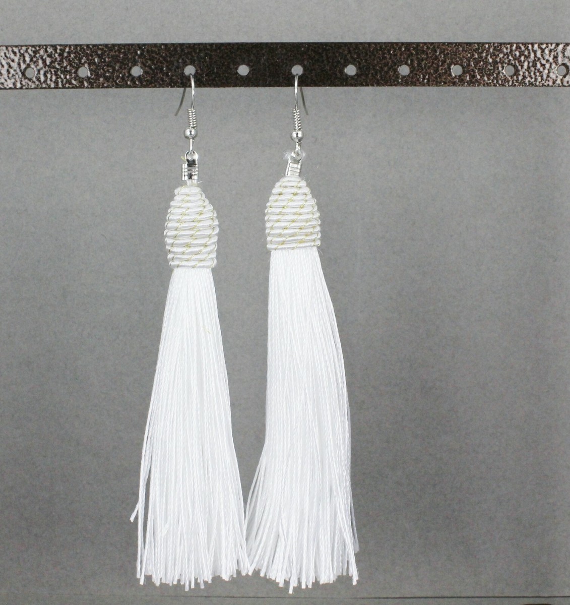 White tassel earrings fringe thread earrings silver long tassle dangle