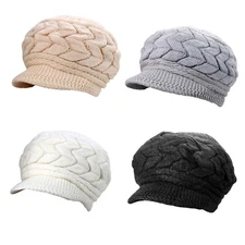 Womens Girl Casual Warm Knit Cony Hair Short Brim Fall Winter Snow Beret Hat Cap