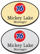 1 GOLD & 1 SILVER OVAL 76 STATIONS PERSONALIZED NAME BADGES MAGNETIC FASTENER