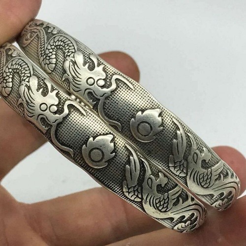A Pair Old Chinese tibet silver handcarved Dragon Phoenix Bracelet - Picture 6 of 11