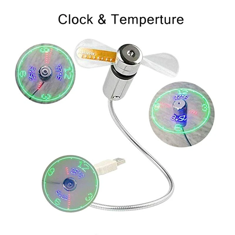Home Workstation USB Powered Clock Office Desk Fan LED Night Light Computer Mini - Image 3 of 4