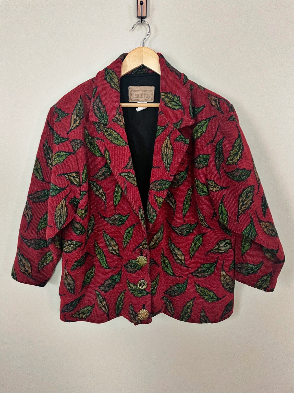 Giacca coperta arazzo pony dipinto blazer foglie rosse donna taglia media rara!