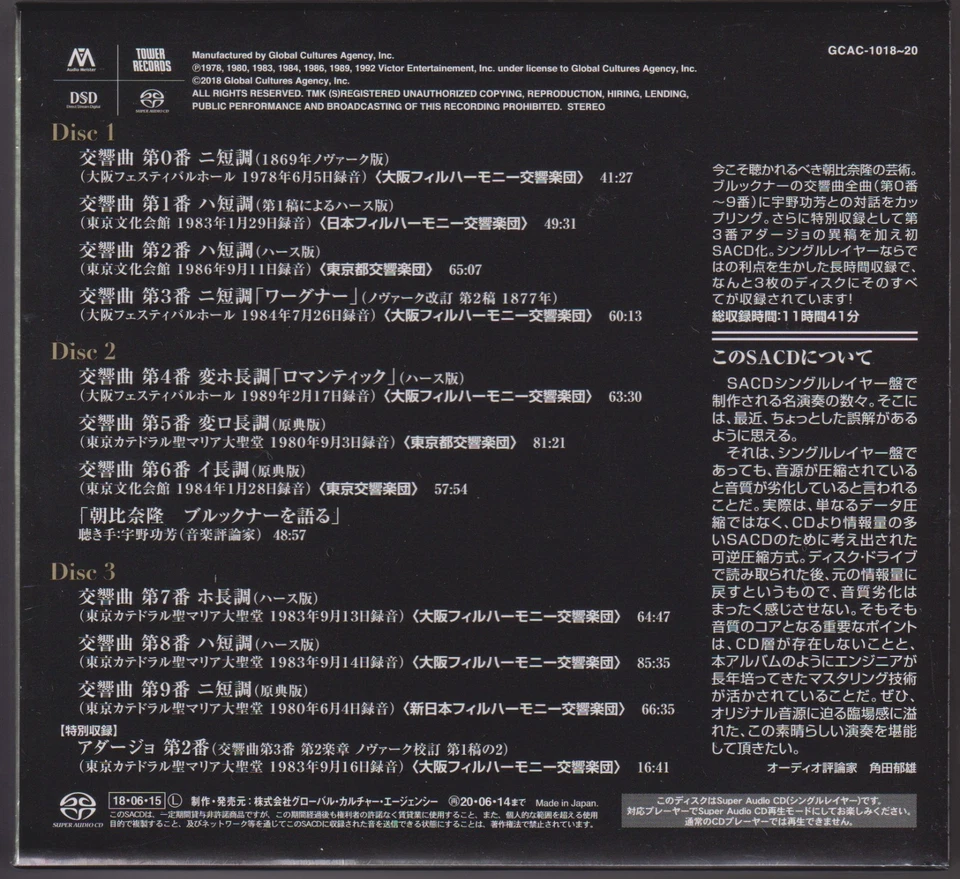 SACD Single Layer Takashi Asahina Bruckner Complete Symphonies 3-Disc Set New - Image 2 of 4