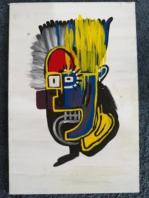 BASQUIAT drawing and painting on old wood signed stamped vintage
