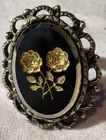 Vintage 70's Large Black Carved Rose Gold Tone Costume Jewelry Ring-size 7-9