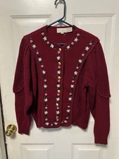 The Eagles Eye Vintage 100% Wool Deep Red Cardigan With Floral Details 
