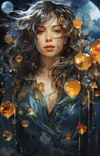 Mysterious Woman Amber Orbs Blue Fantasy 4x6 Art Print Surreal UR100345