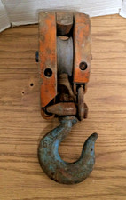 Vtg Wood Steel Block & Tackle 1 Steel Wheel Pully +Hook Steampunk Industrial #5