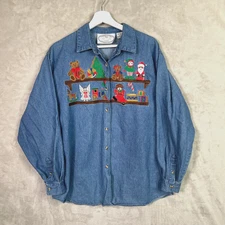 Eagles Eye Vintage Denim Christmas Holiday Button Down Embroidered XL Shirt FLAW