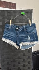 Almost Famous Jean Distressed Denim Shorts w/ White Lace Mid-Rise Women s Size 7